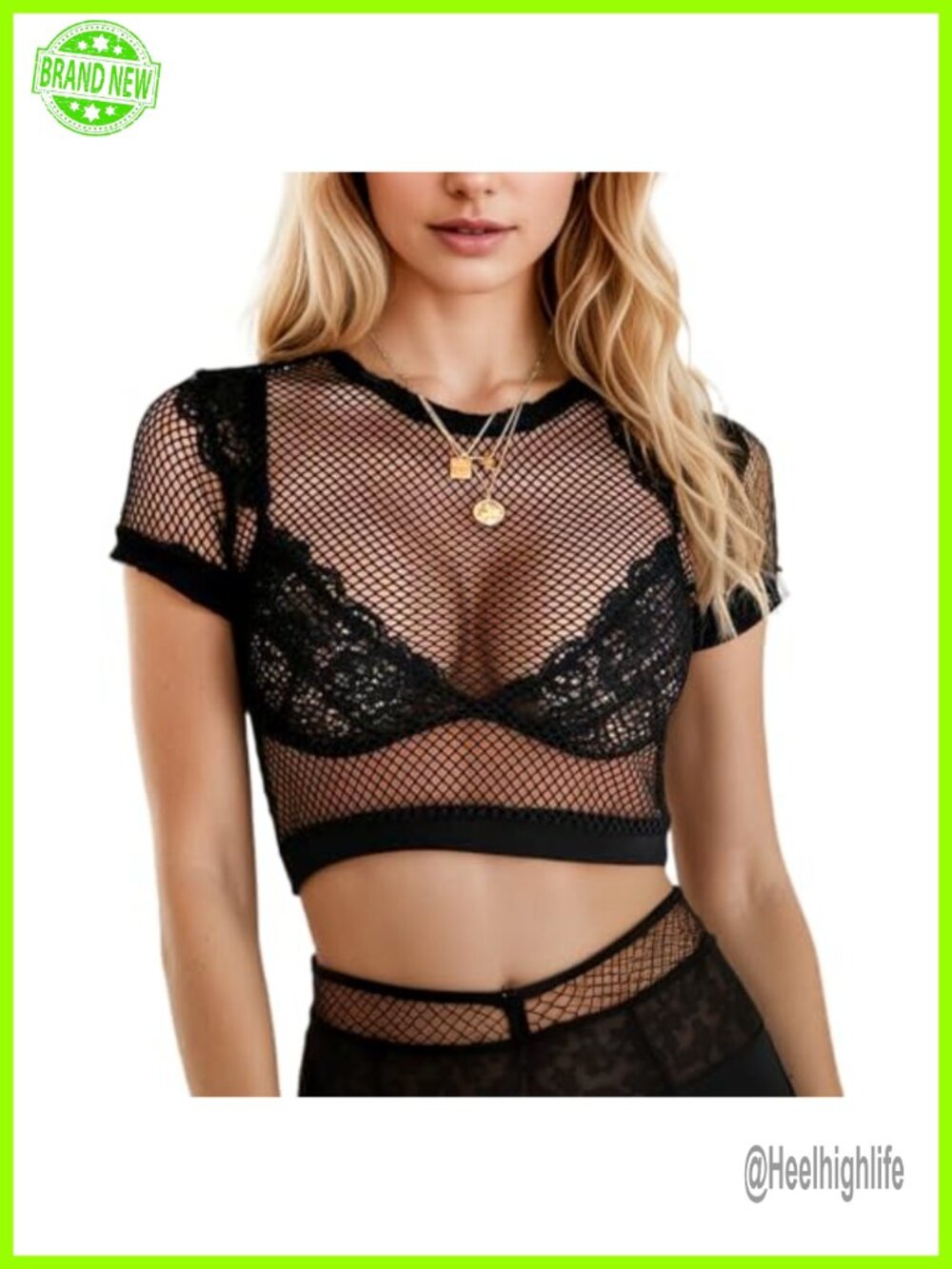 Fishnet Crop Top Women Mesh Short Sleeve Sheer Y2K See Through